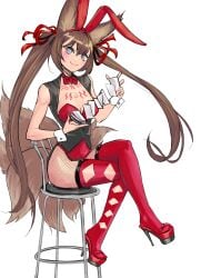 animal_ear_fluff animal_ears animal_tail bare_shoulders blue_eyes blush bow bowtie breasts brown_hair bunnysuit caleen_keemosn card chair cleavage closed_mouth clothing clothing_cutout collar commission crossed_legs detached_collar elotika eyebrows_visible_through_hair fake_animal_ears female female fishnet_pantyhose fishnets footwear fox_ear fox_ears fox_girl fox_tail gloves hair_between_eyes hair_ornament hair_ribbon hairband high_heels holding kemonomimi kitsune kitsunemimi legwear leotard long_hair looking_at_viewer multiple_tails original pantyhose platform_footwear platform_heels playboy_bunny rabbit_ears red_bow red_bowtie red_footwear red_leotard red_ribbon ribbon runes shoes sitting smile solo star_ocean star_ocean_anamnesis stool tail thighhighs twintails very_long_hair wrist_cuffs