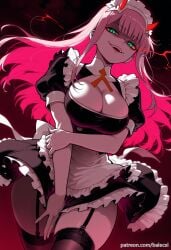ai_generated alternate_costume balecxi black_thighhighs cleavage darling_in_the_franxx dress enmaided fangs female frills garter_straps green_eyes large_breasts long_hair looking_at_viewer maid maid_apron maid_headdress open_mouth patreon_username pink_hair puffy_short_sleeves puffy_sleeves red_horns short_sleeves smile solo teeth waist_apron zero_two_(darling_in_the_franxx)
