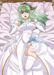 1girls after_sex after_vaginal alternate_costume bare_thighs breasts breasts_out bride censored cum cum_in_pussy cum_inside fire_emblem fire_emblem_awakening green_eyes green_hair heavy_breathing large_breasts long_hair long_sleeves manakete nintendo nipples nori_(artist) on_back on_bed open_mouth panties panties_aside pillow pointy_ears ponytail pussy solo solo_female steam steaming_body steamy_pussy sweat thick_thighs thighhighs thong tiki_(adult)_(fire_emblem) tiki_(fire_emblem) wedding_dress white_panties white_thong