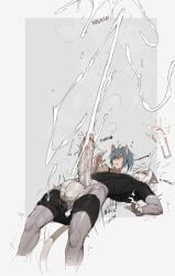 2025 anthro anthro_only arched_back beige_fur big_penis blue_hair bottomless bottomless_male bucking compression_shirt cum_everywhere cumshot excessive_cum furry furry_only grey_fur kei_(notglacier) massive_cumshot mostly_clothed mostly_clothed_male notglacier onomatopoeia open_mouth orgasm original_character ponytail ruined_orgasm silvermist_(notglacier) simple_background sportswear veiny_penis white_background