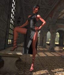 1girls 3d baldur's_gate_3 black_hair daz3d daz_studio dress dungeons_and_dragons elegant elf female high_heels long_hair looking_away posing shadowheart solo standing wizards_of_the_coast yujaanvong