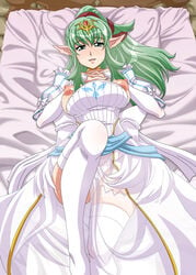 1girls alternate_costume bare_thighs breasts breasts_out bride fire_emblem fire_emblem_awakening green_eyes green_hair large_breasts long_hair long_sleeves manakete nintendo nipples nori_(artist) on_back on_bed open_mouth open_smile panties pantyshot partially_visible_vulva pillow pointy_ears ponytail see-through smile solo solo_female sweat thick_thighs thighhighs thong tiki_(adult)_(fire_emblem) tiki_(fire_emblem) veil wedding_dress white_panties white_thong