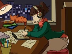 2025 ass brown_hair digital_media_(artwork) feline female green_sweater lofi_girl lowrise_jeans studying van_batthaus white_pants