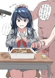 1girls 2boys bar_censor blue_hair cum female gokiburiona2 grey_eyes gun hand_on_another's_head holding hoshino_ichika_(project_sekai) male_pubic_hair nude open_mouth penis project_sekai red_neckerchief serafuku solo_focus table translation_request turn_pale