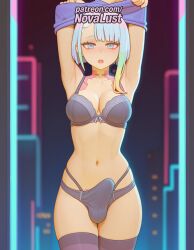 1boy 1futa 2025 ai_generated artist_name blue_hair blurry blurry_background blurry_foreground blush bra bulge cock cyberpunk:_edgerunners cyberpunk_2077 depth_of_field dick erection futanari hi_res high_quality high_resolution highres lucyna_kushinada male_focus multicolored_hair navel novalust open_mouth otoko_no_ko panties patreon patreon_username penis solo stable_diffusion testicles thighhighs underwear undressing watermark