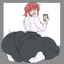 ass ass_bigger_than_head ass_body big_ass blush bottom_heavy curvy female fully_clothed gigantic_ass glasses huge_ass hyper hyper_ass inakotho kobayashi large_breasts miss_kobayashi's_dragon_maid open_mouth pantylines red_hair shocked sitting skin_tight solo thick_thighs underwear_outline wariza wide_hips