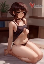 1girls 2d ai_generated ass back bare_shoulders barefoot big_ass bra brown_hair collar erophoenix female female_focus full_body kono_subarashii_sekai_ni_shukufuku_wo long_hair looking_at_viewer megumin pale_skin pale_skinned_female panties patreon_username red_eyes short_hair sitting small_breasts smile soles solo thick thick_thighs uncensored underwear