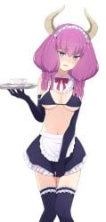 1girls aura_(sousou_no_frieren) big_breasts bikini bikini_top black_bikini_top demon demon_girl demon_horns embarassed embarrassed_female frieren_beyond_journey's_end grey_eyes horns looking_at_viewer maid_dress maid_headdress maid_outfit maid_uniform na-suke partially_clothed purple_hair sousou_no_frieren