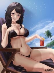 1girls :q absurdres artist_name bangs bare_shoulders beach bikini bird black_bikini black_hair black_swimsuit blue_sky blush braid braided_ponytail breasts chair cleavage closed_mouth clothing cloud collarbone cup day dot_nose drink drinking_glass drinking_straw edkov edkov elsa_granhilte eyebrows eyelashes feet_out_of_frame female female_focus fit_female flower from_behind hair_flower hair_ornament hand_on_own_chest highres holding holding_cup inner_sideboob large_breasts licking_lips long_hair looking_at_viewer mole mole_under_eye naughty_face navel ocean original outdoors palm_tree png purple_eyes purple_flower purple_rose re:zero_kara_hajimeru_isekai_seikatsu rose sand side-tie_bikini_bottom sitting sky smile solo swimsuit table thighs toned toned_female tongue tongue_out tree underboob very_long_hair