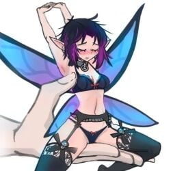 1girls black_bra black_garter_belt black_hair black_hair_female black_panties black_thighhighs blush blushing_female bra closed_eyes collar fairy fairy_wings female female hand lingerie lingerie_only metal_collar minigirl no_sex nradiowave original original_character panties short_hair short_hair_female sole_female thighhighs tiny_girl two_tone_hair