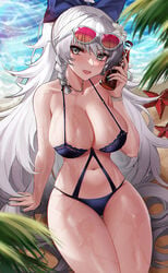 1girls azur_lane beach big_breasts bikini blush bracelet breasts cleavage collarbone drink eternity_(shadeh) female female_only grey_eyes hair_ribbon highres large_breasts long_hair monokini nail_polish navel necklace one-piece_swimsuit sand sitting starfish sunglasses sunglasses_on_head swimsuit thick_thighs thighs very_long_hair vittorio_veneto_(azur_lane) wet_skin white_hair