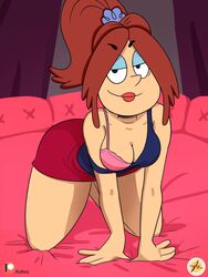 1girls ass bra breasts brita_(the_loud_house) brown_hair butt cleavage clothing edit eyeshadow female female_only furboz half-closed_eyes kneeling lipstick looking_at_viewer ponytail red_lipstick reddish_brown_hair rita_loud smile solo solo_female solo_focus straight_hair the_loud_house thick thick_thighs thighs
