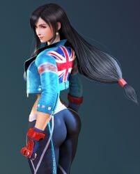 3d ass black_hair blue_background cammy_white cosplay female final_fantasy final_fantasy_vii fingerless_gloves gloves highres jacket long_hair looking_back pants raidenwgt red_eyes street_fighter street_fighter_6 tifa_lockhart yoga_pants
