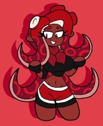 agent_8_(splatoon) belly breasts dark-skinned_female dark_skin eight_(jaktroose) female female_focus female_only gloves jaktroose long_eyelashes midriff octoling octoling_girl red_eyes red_scarf shorts smile splatoon sports_shorts thighs