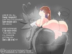 1futa1girl alternate_version_available anal_sex anal_sex balls big_ass braces cock cursor grey_body hairclip huge_ass huge_breasts musk nipples oc penis piercing reese_(suggestoaster_) sharp_teeth sona suggestoaster_ sweat sweating_profusely tail text