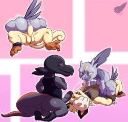 3_toes 4_fingers alolan_form anal anthro balls big_penis black_body blush bodily_fluids bone bottomless clothed clothing cum cum_in_mouth cum_inside cum_on_chest eye_tattoo facial_tattoo feet fennephilim_fox fingers fur generation_1_pokemon generation_2_pokemon generation_7_pokemon genital_fluids genitals group heart_symbol hi_res holding_ankle holding_leg humanoid_genitalia male male/male markings mask meowth nintendo nude one_ear orange_markings penis piercing pokemon pokemon_(species) purple_body purple_fur purple_sclera red_eyes regional_form_(pokemon) salandit shirt shirt_only skull skull_mask sneasel tan_body tan_fur tattoo toes tongue tongue_piercing topwear topwear_only trio yellow_sclera
