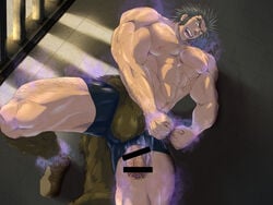 1boy abs arm_hair ass_visible_through_thighs aura bar_censor bara black_male_swimwear black_shorts boner bulge censored chest_hair erection erection_under_clothes foot_out_of_frame foreskin fumio(ふみを) fumio_(snnmfmw) fumiyo gooner gooning hairy highres hunter_x_hunter large_pectorals large_penis latex_bottom leg_hair leg_up long_sideburns lying male_focus male_only mature_male muscular muscular_male navel navel_hair nipples on_side pectorals penis penis_through_leghole pubic_hair_in_foreskin shirtless short_hair short_shorts shorts sideburns solo stomach textless thick_thighs thighs tight uvogin veins veiny_penis