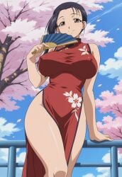 1girls ai_generated amaenaideyo amaenaideyo!! black_hair breasts brown_eyes chinese_dress erect_nipples fan female floral_print hairbun kimono large_breasts looking_at_viewer mature_female miyako_amanogawa outdoors posing red_dress standing