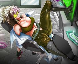 big_breasts blonde_hair glasses green_eyes hukiguni laboratory leg_up legs_open metal_slug metal_slug_attack navy_(metal_slug) nipples room scientist sitting_on_chair snk television