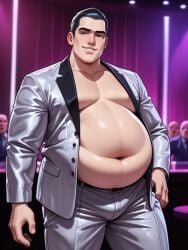 1boy ai ai_generated big_belly big_gut black_hair chubby chubby_belly chubby_male kennyk shirtless_male solo solo_male suit_jacket