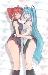 2d 2d_(artwork) 2girls ahoge arm_tattoo ass bare_thighs big_ass big_breasts blue_eyes blue_hair blush blush breast_press breast_size_difference breasts breasts_pressed_together clothed clothing curvy curvy_female curvy_figure female female_only hair_ornament hatsune_miku kasane_teto large_ass large_breasts mandragora_(artist) mostly_clothed no_panties red_eyes red_hair shiny_skin side_view sideboob simple_background skirt skirt_lift skirt_lifted_by_another socks suggestive_look surprised surprised_expression tattoo thick_thighs thighs twin_drills twintails utau vocaloid