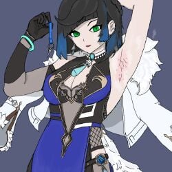 armpits chastity_key clothing female solo_female sweat sweating yelan_(genshin_impact)