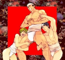3boys abs age_difference angry arm_hair armpits arms_up ass bara biceps black_hair blonde_hair brown_hair bulge bulge_through_clothing clenched_teeth closed_eyes collarbone floral_print frown fundoshi fundoshi_only gay grabbing grabbing_arm grabbing_legs hachimaki headband height_difference hugging hugging_legs hunk leg_hair legs_apart light_skin male male_only manly mature_male muscles muscular muscular_arms muscular_legs muscular_male muscular_thighs original original_character pecs quadriceps red_background rokushaku_fundoshi round_ass sarashi shaved_armpit short_hair size_difference standing sweat sweatdrop sweating sweaty topless tough_guy triceps unknown-bl unknown_(yaoi_artist) white_fundoshi yaoi