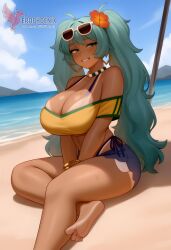 1girls 2d ai_generated aqua_hair ass barefoot big_ass big_breasts bikini bracelet brazilian_miku breasts dark-skinned_female earrings erophoenix eyewear_on_head feet full_body grin hair_flower hair_ornament hatsune_miku huge_breasts jewelry kneeling long_hair looking_at_viewer looking_back nail_polish patreon_username shorts smile soles solo solo_female sunglasses swimsuit tan tellow_shirt thick thick_thighs toes uncensored vocaloid