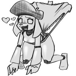 ball_joints beret calzcrom canid canine clothing_tag cute dog_girl female female_focus floppy_ears frilled_panties frilly_panties furry_female furry_only furry_robot hands_down heart invisible_hands monochrome mysticfluff panties pleasure_face pupilless_eyes robot robot_furry robot_girl underwear wedgie wedgied_female