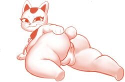anthro anus ass big_butt breasts cotton_tail dandadan domestic_cat eyelashes felid feline felis female genitals hi_res huge_butt looking_at_viewer looking_back looking_back_at_viewer lying mammal nude on_front plump_labia redmanart simple_background smile solo thick_thighs turbo_granny_(dandadan) vulva whiskers white_background wide_hips