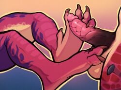 2025 anthro anthro_on_anthro balls biped blizzard_entertainment bodily_fluids claws demetraxia_(espyeen) digital_media_(artwork) dracthyr dragon dripping duo erection european_mythology feet foot_fetish foot_on_balls foot_on_penis foot_play footjob genital_fluids genitals hi_res intraspecies lying male multicolored_body mythological_creature mythological_scalie mythology nude nude_anthro nude_male on_back penis pink_body precum precum_drip precum_on_penis purple_body red_body scalie sex tan_body toe_claws vateo warcraft western_dragon