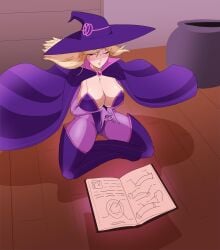 1girls big_breasts blonde_hair book breasts closed_eyes clothed clothing female female_focus female_only huge_breasts looking_at_viewer open_book original sillyslendy sole_female solo solo_female solo_focus witch witch_hat