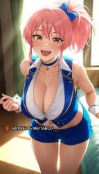 ai_generated bare_shoulders blue_bow blue_choker blue_shorts blue_vest blush bow breasts choker cleavage collarbone collared_shirt collared_vest crop_top curtains female hairbow idolmaster idolmaster_cinderella_girls indoors jougasaki_mika large_breasts leaning_forward looking_at_viewer meitabuu midriff mole mole_on_breast navel open_mouth partially_unbuttoned pink_hair ponytail shirt short_shorts shorts sidelocks sleeveless sleeveless_shirt smile solo star_(symbol) star_choker sunlight teeth thighs upper_teeth_only vest white_shirt window wooden_floor wrist_cuffs yellow_eyes