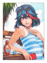 1girls 2d 2d_(artwork) 2d_artwork black_hair blue_stripes clothed clothed_female female female_focus female_only glasses_on_head kill_la_kill matoi_ryuuko non_nude omar_dogan red_strand_of_hair solo solo_female solo_focus tanline white_stripes