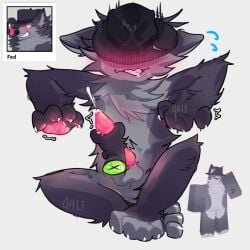 1:1 4_fingers 4_toes ambiguous_gender anatomically_correct anatomically_correct_genitalia anatomically_correct_penis animal_genitalia animal_penis anthro anus aroused aroused_smile balls bodily_fluids canid canine canine_genitalia canine_penis canis chest_tuft clothing countershade_fur countershade_torso countershading covered_eyes cross_section cum cumshot drooling duo ejaculation fed_(kaiju_paradise) feet fingers flustered fur genital_fluids genitals gootraxian grey_body grey_fur hand_on_penis handjob hat hat_only headgear headgear_only headwear headwear_only kaiju_paradise male male/ambiguous mammal mostly_nude pawpads penile penis qalt raised_arms saliva sex shade_(kaiju_paradise) shaded shaking sitting toeless_(marking) toes trembling tuft watermark wolf