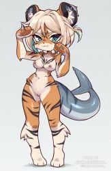 2025 5_fingers anthro areola biped blonde_hair blue_eyes blue_tail breasts brown_body brown_fur claws coffeechicken countershade_fur countershade_torso countershading digital_media_(artwork) ear_piercing felid female finger_claws fingers fish front_view fur genitals hair hi_res hybrid inner_ear_fluff mammal marine markings navel nipples nude nude_anthro nude_female pantherine piercing shark smile solo standing striped_body striped_fur striped_markings striped_tail stripes tail tail_markings tiger tuft vulva