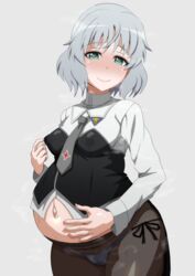 1girls blush botenya clothing covered_nipples fully_clothed gray_hair green_eyes grey_hair medium_breasts navel panties panties_under_pantyhose pantyhose pregnant sanya_v_litvyak shorts smile solo strike_witches sweat world_witches_series