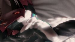 abs armor_removed armored_gloves bandai bed biped blue_skin bright_pupils digimon dr.fox featureless_crotch fit fit_male flamedramon helmet hi_res horn japanese_text looking_at_viewer male nude pecs shiny_skin smile solo two_tone_skin