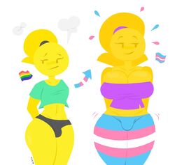 ambiguous_gender big_breasts bulge busty crossdressing curvy emoji emoji_(race) emoji_boi emoji_gurl emojifam_(sssir8) femboy humanoid male pride pride_colors short_shorts sssir8 tight_clothing transformation transition trap wide_hips yellow_body