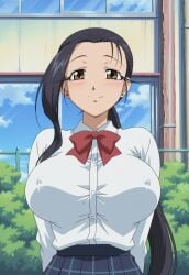 1girls ai_generated amaenaideyo amaenaideyo!! black_hair blush bowtie breasts buttoned_shirt closed_eyes collared_shirt erect_nipples female hands_behind_back indoors large_breasts long_hair looking_at_viewer mature_female miyako_amanogawa ponytail school_uniform skirt smile