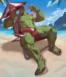 1boy abs absurdres balls bara bare_pectorals beach beach_chair beach_umbrella colored_sclera colored_skin commentary covered_penis covered_testicles cup english_commentary flip-flops green_eyes green_sclera green_skin grin highres holding holding_cup holding_umbrella hulk large_pectorals luiixury_art male male_focus male_only male_swimwear marvel marvel_rivals muscular muscular_male navel nipples open_clothes open_shirt outdoors pectorals pink_shirt sandals shirt short_hair sitting sky smile solo swim_briefs thick_thighs thighs twitter_username umbrella variant_set