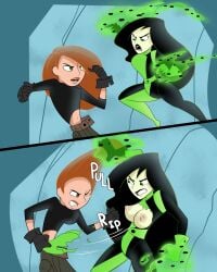2girls bodysuit breasts_out clothed clothing dark_green_hair female female_only green_body green_eyes green_skin kim_possible kimberly_ann_possible long_hair looking_at_viewer nipples one_eye_closed orange_hair scrabble007 shego torn_bodysuit torn_clothes torn_clothing