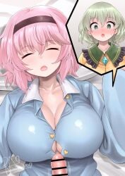 2girls bar_censor black_hairband blue_shirt blush breasts button_gap censored closed_eyes commentary_request commission female futanari green_eyes green_hair hairband heart highres imminent_paizuri intersex komeiji_koishi komeiji_satori large_breasts multiple_girls penis pink_hair ras_(ras33635191) shirt short_hair siblings signature sisters skeb_commission sleeping speech_bubble touhou variant_set