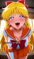 1girls ai_generated bending_forward bishoujo_senshi_sailor_moon blonde_hair blue_eyes blush bow breasts brooch choker circlet cleavage collarbone earrings elbow_gloves female gloves hairbow heart heart_brooch indoors jewelry large_breasts leaning_forward long_hair looking_at_viewer magical_girl meitabuu minako_aino miniskirt naughty_face open_mouth oral_invitation orange_choker orange_sailor_collar orange_skirt pleated_skirt red_bow sailor_collar sailor_senshi_uniform sailor_venus saliva saliva_trail shirt skirt smile solo stud_earrings sweat teeth tongue tongue_out uvula white_gloves white_shirt