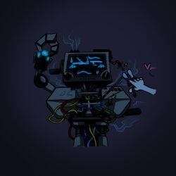 android annoyed annoyed_expression annoyed_face dark_room inscryption locked_arms looking_at_viewer no_genitals no_genitals_shown p03_(inscryption) pov pov_eye_contact robot screen_face steam technology technophilia wire wireplay wires