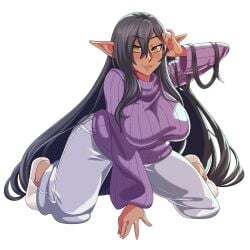 1girls 2025 absurd_res big_breasts black_hair dark-skinned_female dark_elf dark_skin elf elf_ears elf_female female female_only kneeling kuroinu_~kedakaki_seijo_wa_hakudaku_ni_somaru~ legendsnjk long_hair looking_at_viewer olga_discordia pants purple_sweater slippers smiling smiling_at_viewer solo sweater very_long_hair white_background white_pants yellow_eyes