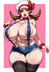 1girls ai_generated areola areolae arm_at_side bare_arms bare_shoulders barely_clothed belt_buckle belt_collar bimbo bimbo_body bimbo_lips bimbofication bimbofied blush bob_cut breasts breasts_bigger_than_head brown_eyes brown_hair collar collarbone colored_nails denim eyeshadow female game_freak gigantic_breasts hand_up hat hat_bow huge_ass huge_breasts legs_together lipstick long_nails looking_at_viewer lyra_(pokemon) makeup massive_breasts micro_shorts mostly_nude navel nipple_bulge novelai pokemon pokemon_hgss puckered_lips seductive seductive_eyes seductive_look seductive_smile shorts sidelocks simple_background skindentation smile solo solo_female suspenders tgm101_(artist) thick_lips thick_thighs thigh_clothes thighhighs thin_waist thong tight_clothing torn_clothes torn_shorts twintails wide_hips wrist_scrunchie