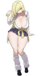 1girls :p alternate_costume arm_at_side big_breasts black_shoes blonde_hair blue_skirt blunt_ends breasts cardigan cardigan_around_waist cleavage closed_mouth clothes_around_waist collarbone collared_shirt commentary_request diagonal_bangs female fingernails full_body green_eyes gyaru hair_over_one_eye hand_up highres huge_breasts kneehighs knees_together_feet_apart kogal loafers long_hair looking_at_viewer loose_socks lusamine_(pokemon) miniskirt nail_polish nintendo one_eye_covered peace_peace009 pink_nails pleated_skirt pokemon pokemon_sm ribbed_socks school_uniform scrunchie shirt shoes simple_background skirt smile socks solo standing thighs three-quarter_sleeves tongue tongue_out very_long_hair w white_background white_shirt white_socks wrist_scrunchie yellow_cardigan yellow_scrunchie