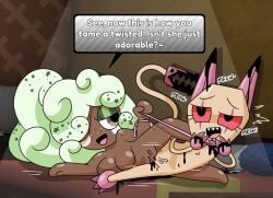 bed dandy's_world dialogue dominant dominant_female duo female female/female furniture genitals ginger_(dandy's_world) hi_res leash looking_at_another looking_pleasured nipples pillow scraps_(dandy's_world) sex surjang toons_(dandys_world) tribadism vaginal_penetration vulva