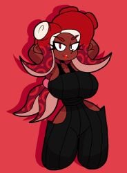 agent_8_(splatoon) big_breasts breasts dark-skinned_female dark_skin digital_media_(artwork) eight_(jaktroose) female female_focus female_only hands_behind_head huge_breasts jaktroose long_eyelashes octoling octoling_girl red_eyes red_lipstick solo_female splatoon swaying_hips thick_thighs thighs